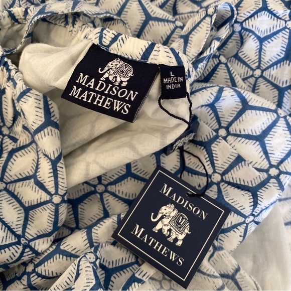 Madison Mathews || Lia Cotton Block Printed Maxi Dress Blue White Large NWT - Picture 10 of 10